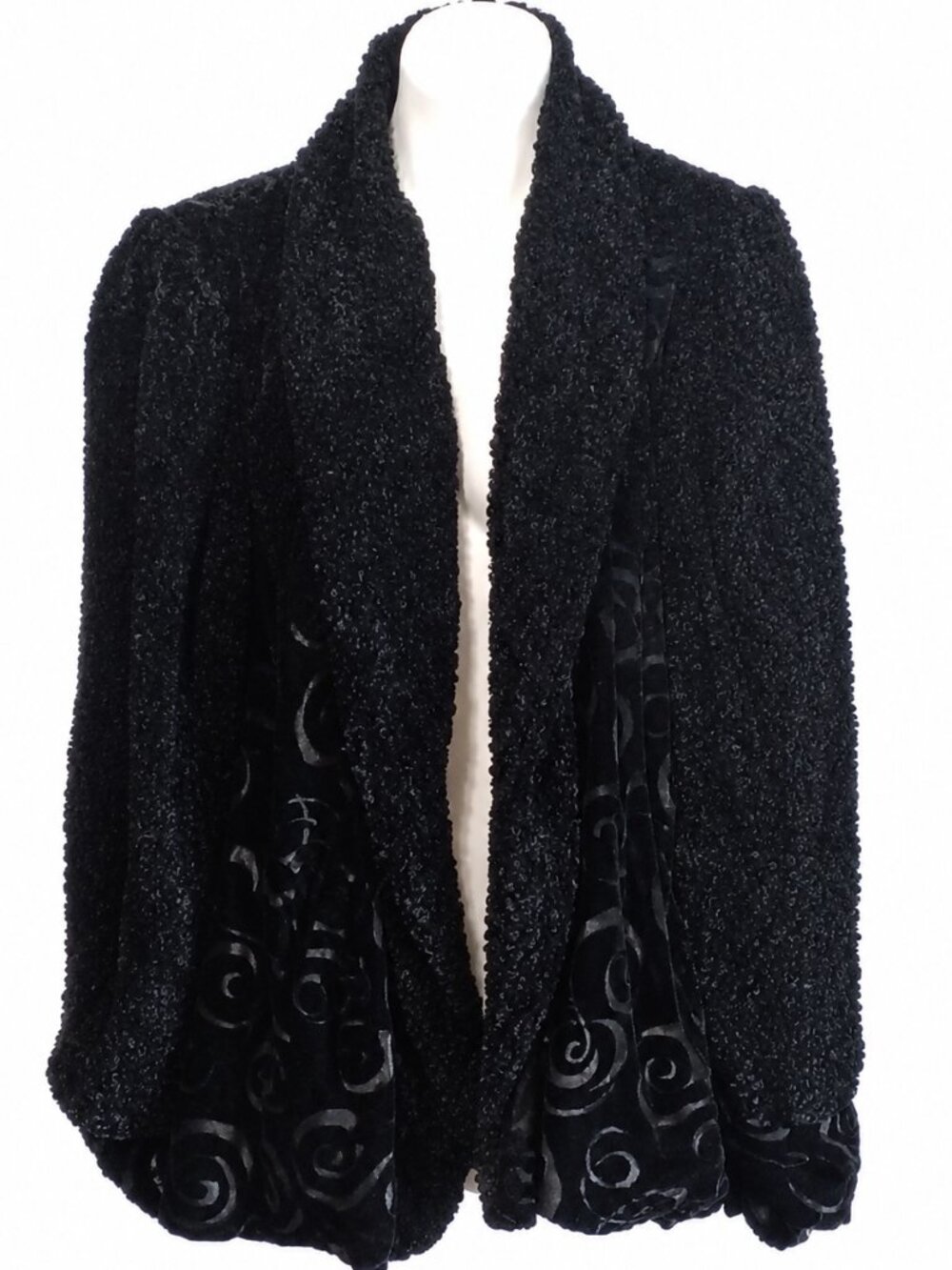 Size P Black Textured Open Front Cardigan Jacket Velvet Dressy Evening Wrap Chic